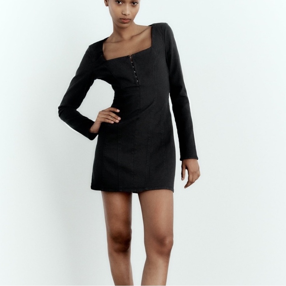 Zara black denim hook closure long sleeve mini dress